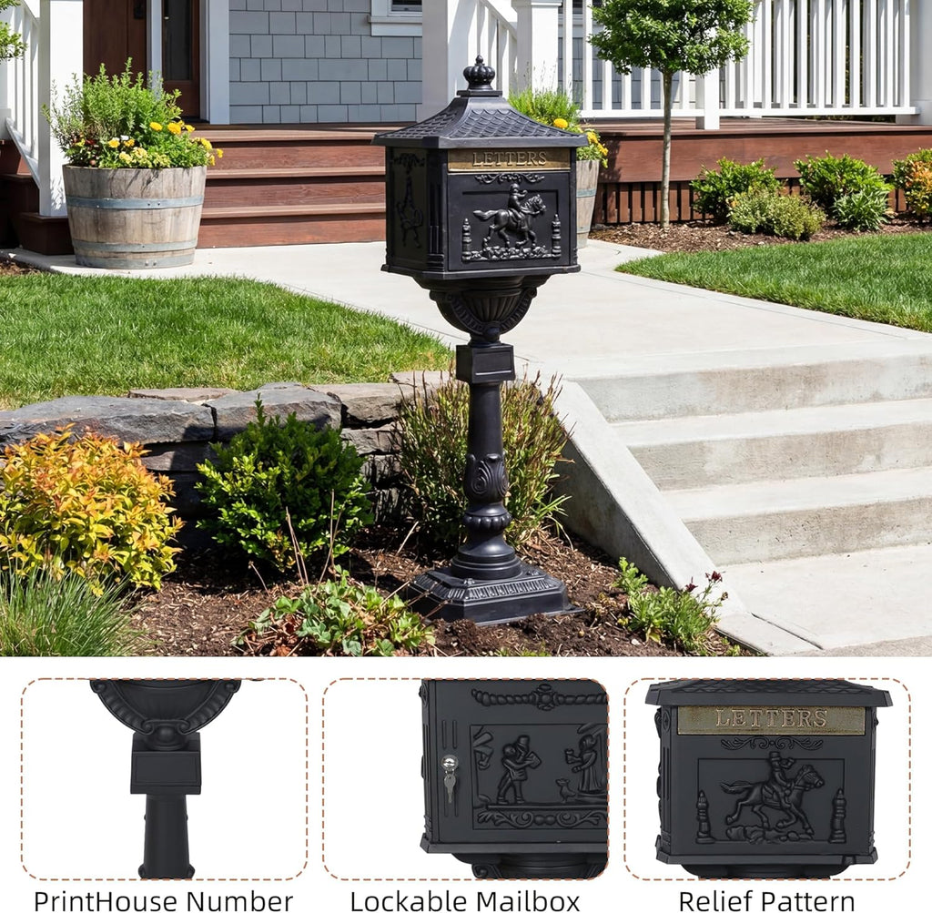 Cast Aluminum Locking Mailbox, Heavy Duty Security Postal Box, Retro Mid-Century Outdoor Mailbox with Key Lock