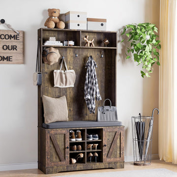 71" Hall Tree with Bench and Shoe Storage, Entryway Hall Tree with 2 Doors and 6 Adjustable Shelves, Cushioned