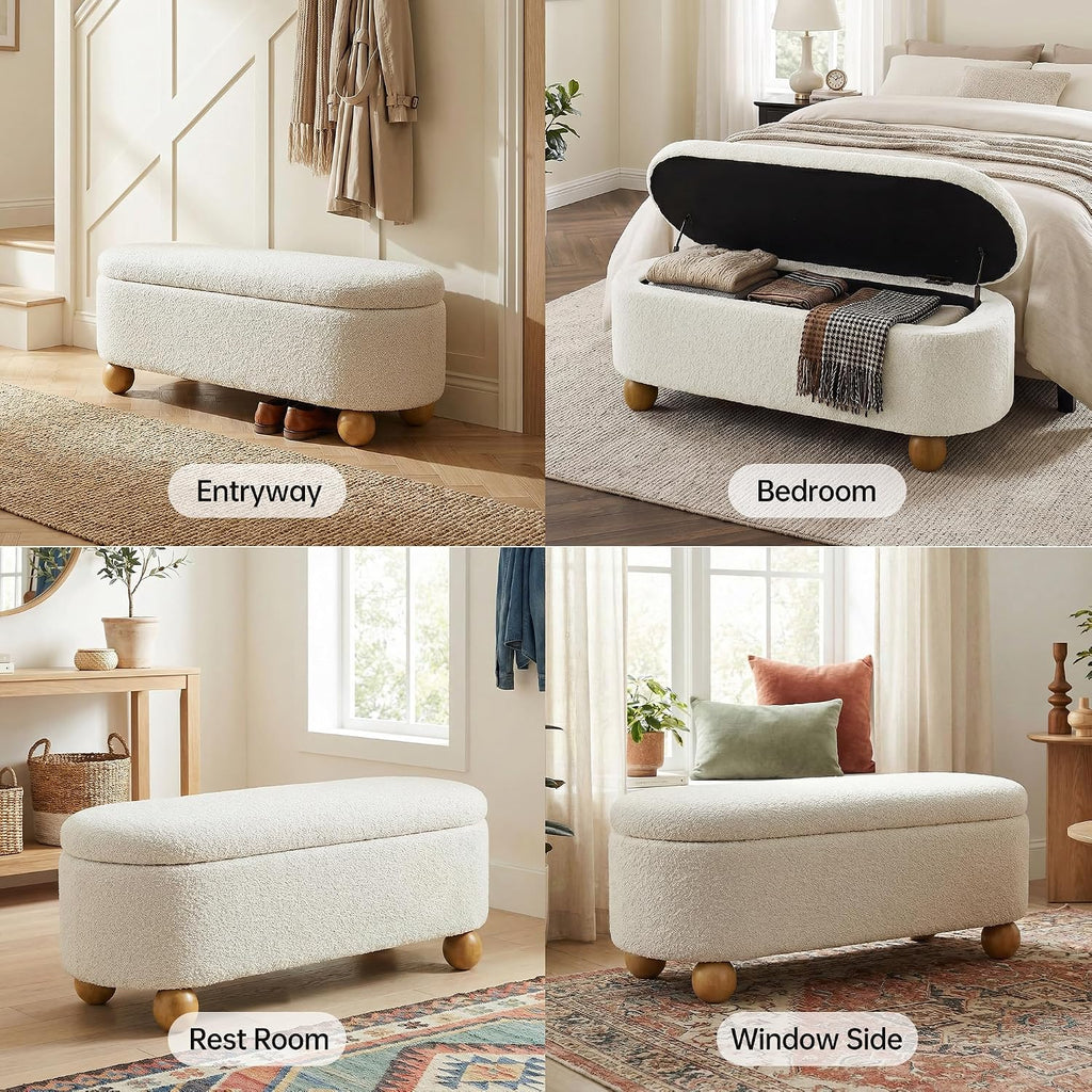 44.8" Storage Ottoman Bench End of Bed Bench with Hinge, Beige | Cute Spherical Solid Wood Stool Legs, Comfortable