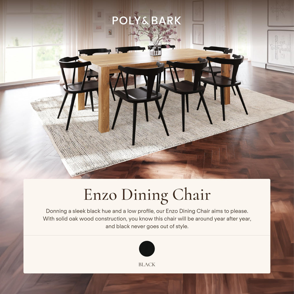 Mid Century Modern Enzo Black Dining Chair - Solid Oak Wood Splat Back Chair, 18" Seat Height, 32" Tall - Stylish MCM