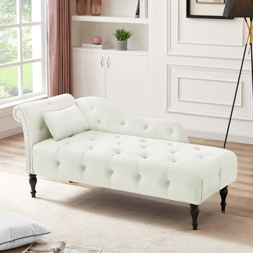 Tufted Upholstered Velvet Rolled Arm Chaise Lounges Indoor Chair, Right Arm Facing Chaise Lounge with Nailhead Trim