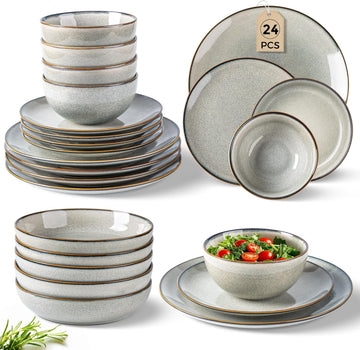 Dinnerware Sets for 6, 24 Pieces Stoneware Plates and Bowls Set with Reactive Glaze