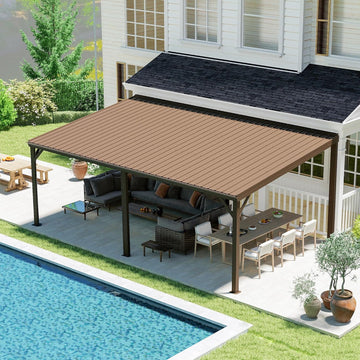 12' x 20' Lean to Gazebo, Wall Mounted Gazebos Pergola with Built in Drainage System, Galvanized Steel Roof