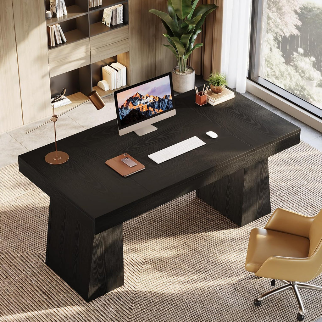 55-Inch Executive Desk, Thick Wood Office Computer Desk with Double Pedestal