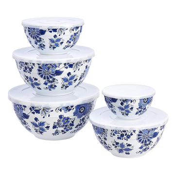 Mixing Bowls with Lids, Nesting Melamine Serving Bowls, Non-Slip Base, BPA Free, Dishwasher Safe, 5 Sizes, Blue and