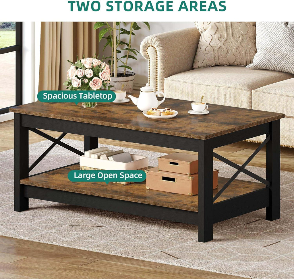 Coffee Tables, Modern Farmhouse Coffee Table with Storage, 2-Tier Center Table Wood Table Accent Cocktail with Stur...