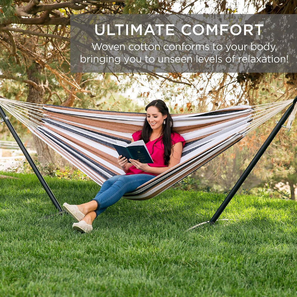 Double Hammock with Steel Stand, Indoor Outdoor Brazilian-Style Cotton Bed w/Carrying Bag, 2-Person Capacity - Desert