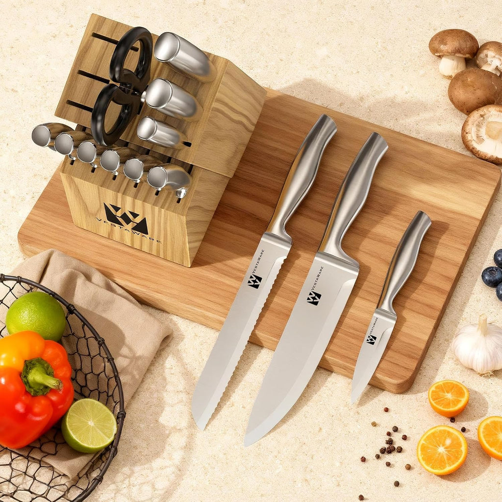 14 Piece Kitchen Knife Block Set, Natural Wood Block, Dishwasher Safe | Razor-Sharp Japanese Stainless Steel Knife