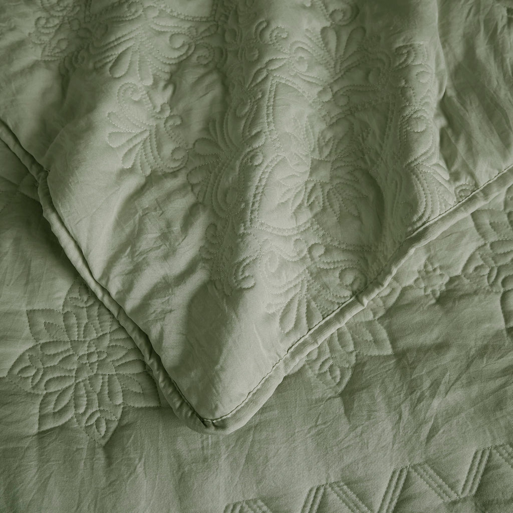 Boho Sage Green Quilt Queen Size Bedding Sets with Pillow Sham, Bohemian Lightweight Soft Bedspread Coverlet
