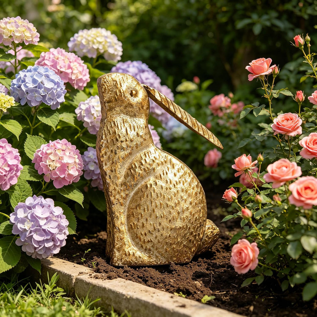 Vintage Rustic Gold Easter Bunny Figurine - 11.81" Tall Metal Rabbit Statue, Spring Farmhouse