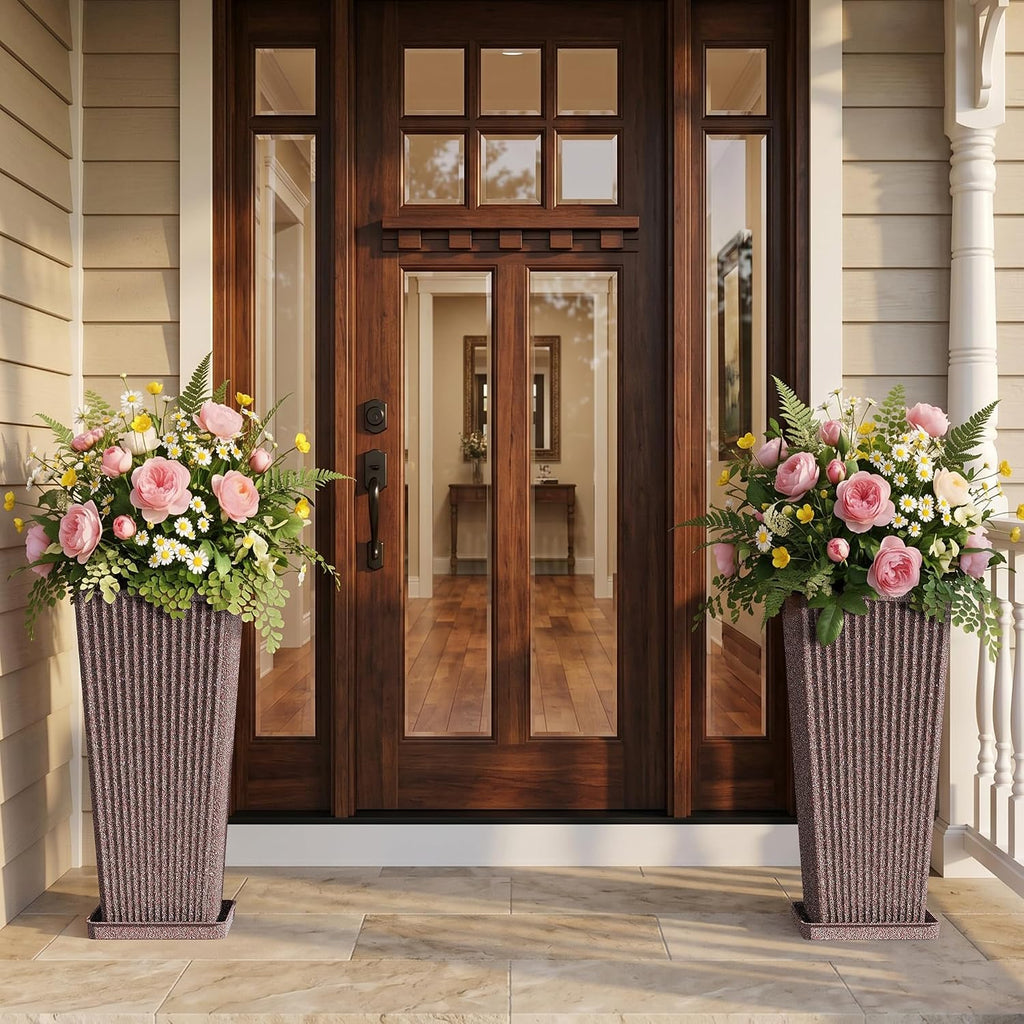 Square Tall Planters for Outdoor Plants with Tray - 24" Brown 2Pack | Weather-Resistant Plastics HDPE, Stone & Fluted