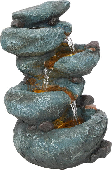 14" 3 Tier Rock Fountain with LED Lights, Elegant Cascading Water Feature for Tabletop, Indoor Decor, Relaxing Stone