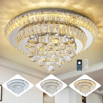 Elegant LED Crystal Raindrop Ceiling Light,20" Flush Mount Chandelier Light Fixture with Remote Control for Living