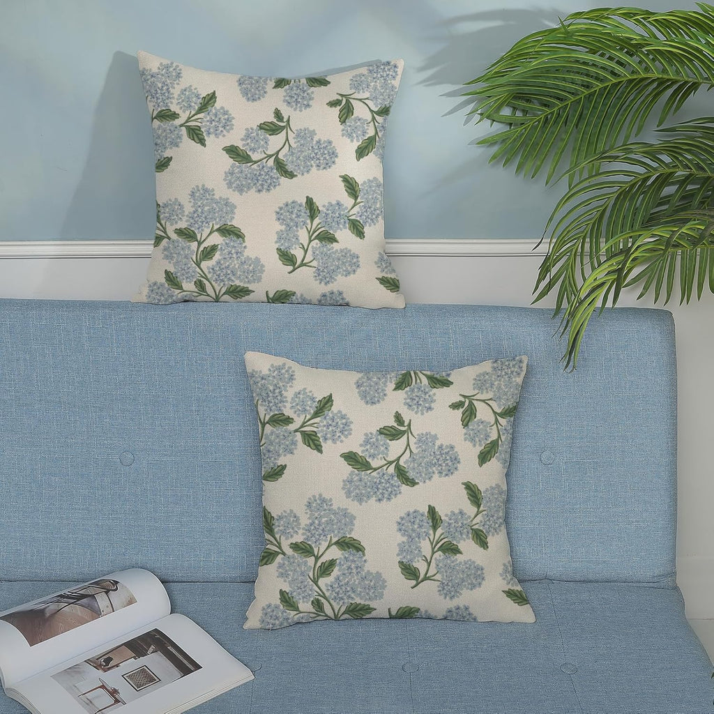 Spring Pillow Covers 18x18 Inch 2 Pcs Blue Green Hydrangea Flower Decor Throw Pillows Vintage Floral Seasonal Summer