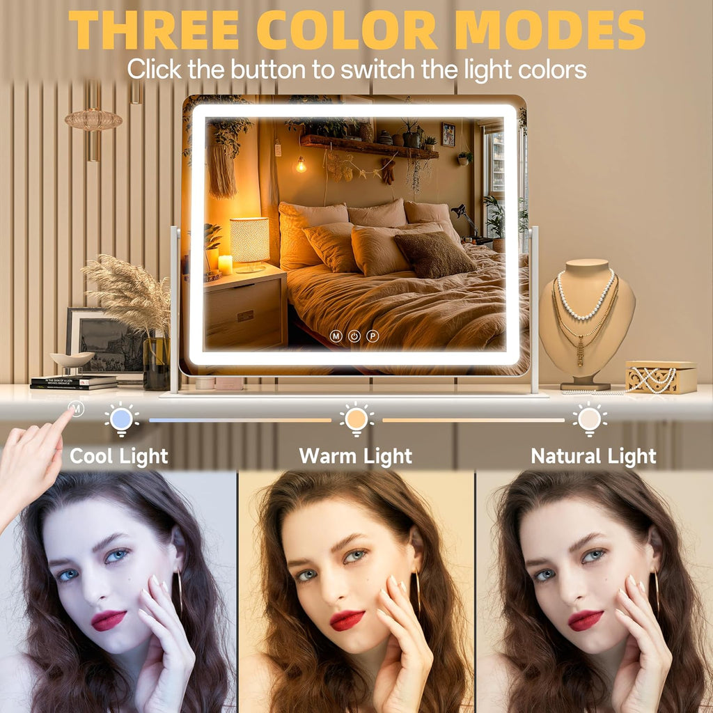 Large Vanity Mirror with Lights 34'' x 25.6'' - Touch Screen Hollywood Makeup Mirror, 3 Color Modes + Dimmable LED