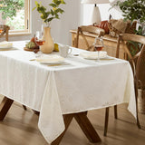Ivory Fancy Leaves Damask Fabric Holiday Tablecloth, 52 x 70 Inch Rectangle, Elegant Swirling Leaf P