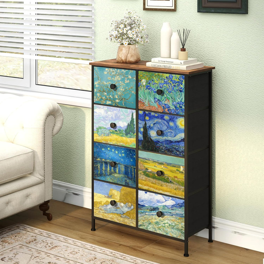 Tall Dresser with 8 Drawer Narrow Van Gogh Chest of Drawers Closet Living Room Steel Frame Rustic Brown Wood Grain