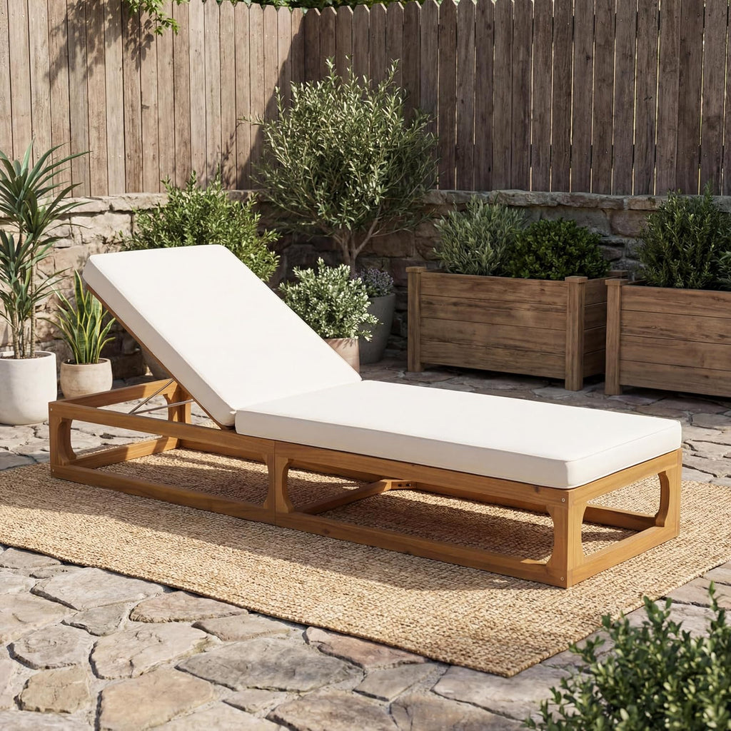 Modern Patio Chaise Lounge Chair Outdoor, Acacia Wood Poolside Sun Lounger with Cushion, Open Frame Pool Lounger
