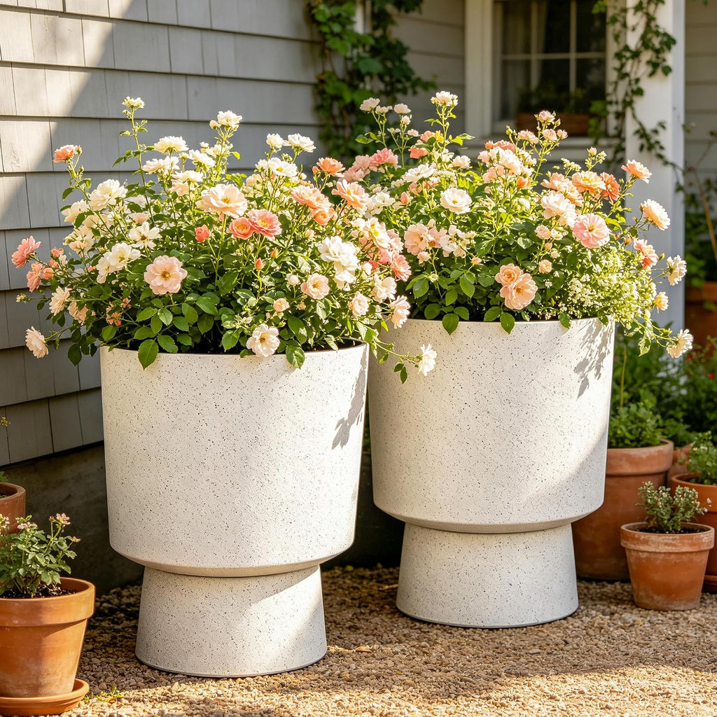 2-Pack 16.75" White Terrazzo Urn Planters with Detachable Bases | Set of 2 PP urn planters with white terrazzo