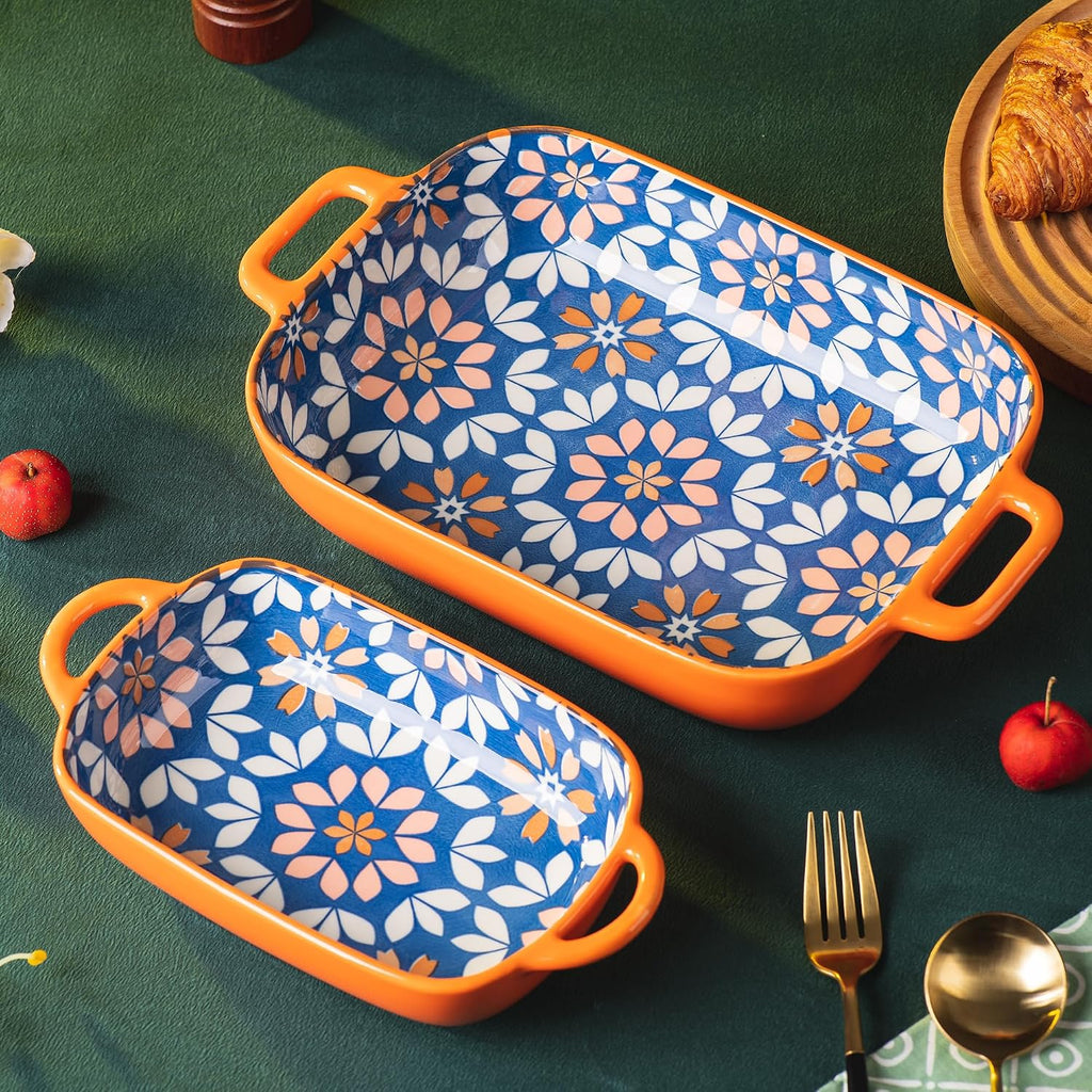 Ceramic Dish Set, 2-Piece Hand-painted Porcelain Rectangular Bakware set with Handles,Large 10.55"L*7.4"W and