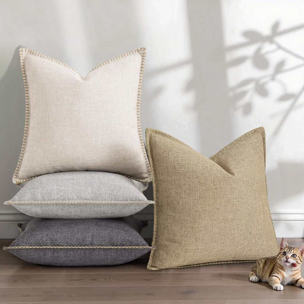 Summer Decorative Throw Pillow Covers 18x18 Set of 2 Square Faux Linen Outdoor Neutral Farmhouse Pillow Covers with