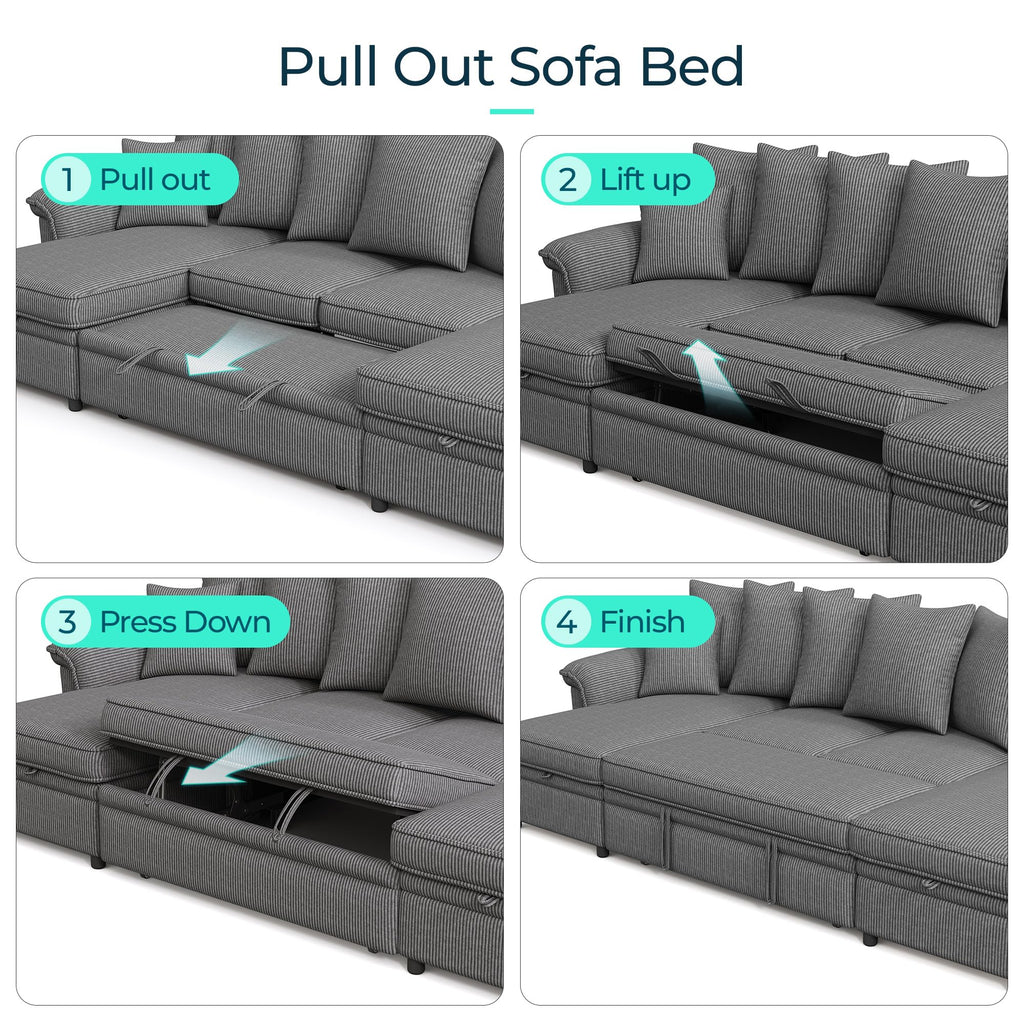 Sectional Couch with Pull Out Bed, Large Corduroy Modular Sleeper Sofa, Storage Chaise, Wide Armrest, 118" 4 Seats