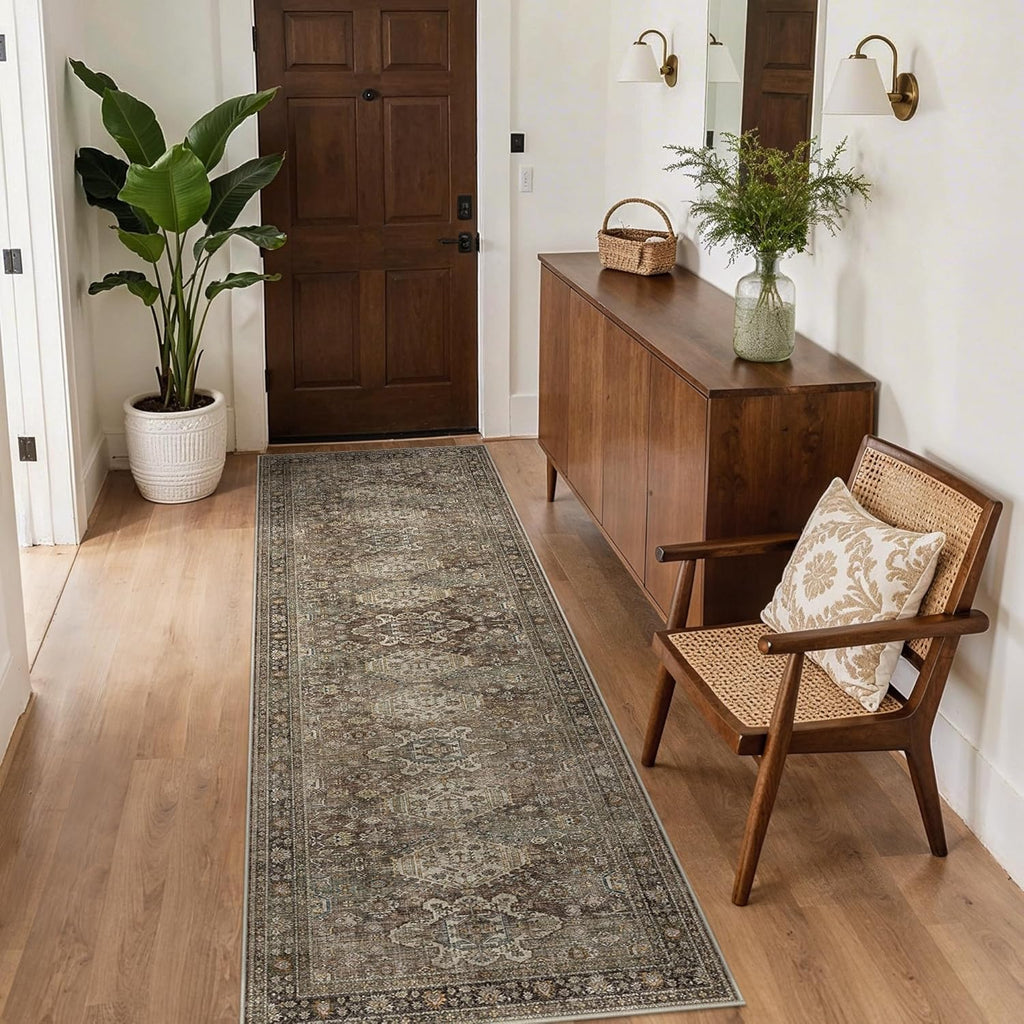 Washable Runner Rug 2’6”x8’, Non Slip Vintage Hallway Runner, Ultra Thin Low Pile Washable Carpet fo