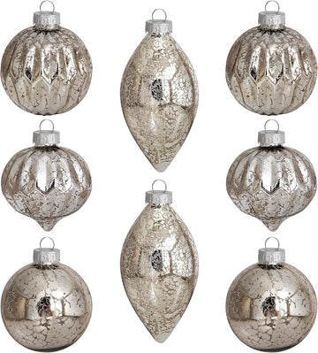Mercury Glass Finials Christmas Ornament - Vintage Silver Hanging Ball - Set of 8