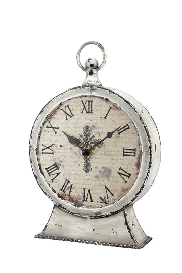 Large 12 Inch Decorative Battery Operated Table Top Clock with Roman Numerals and Antique Finish, 12", Worn White