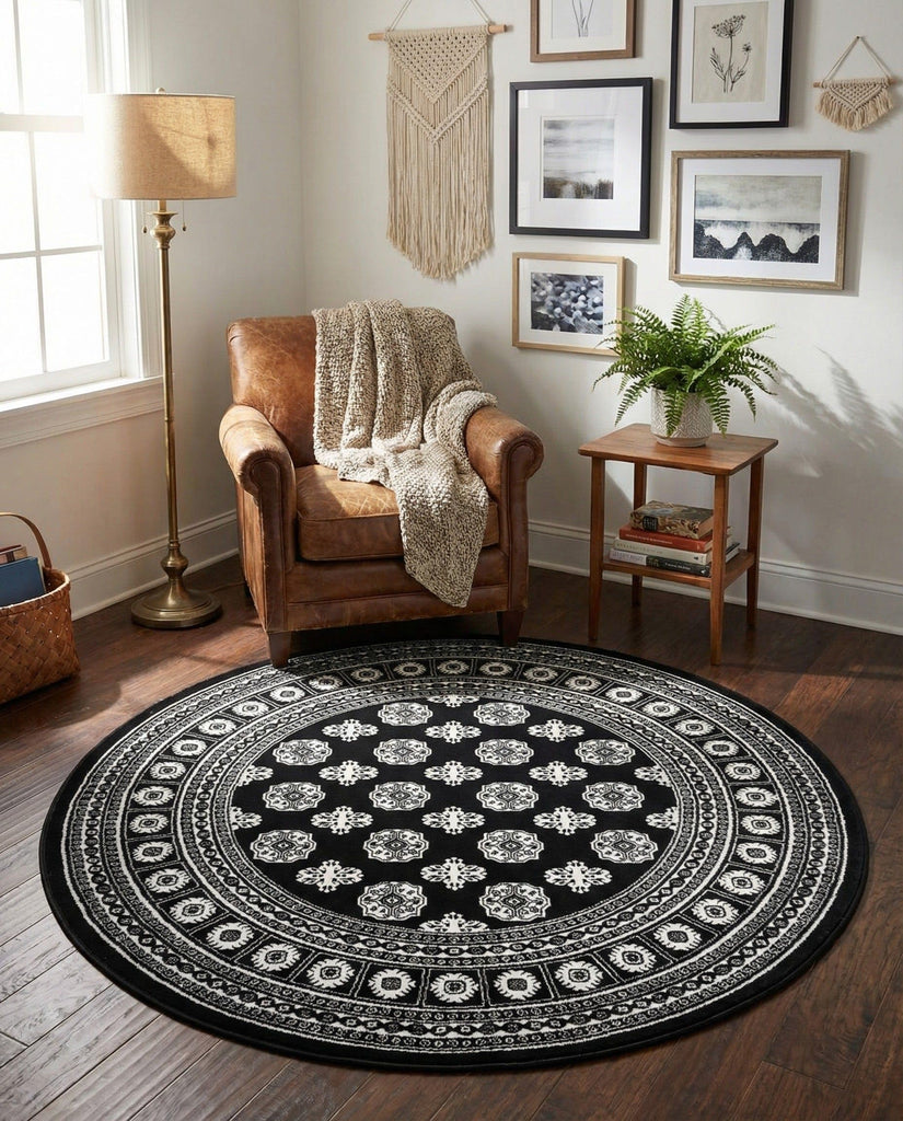 Bokhara Rug - 5 Ft Round Black and White Easy-Clean Rug - Modern Medallion Design s, Living Rooms, and Bedrooms