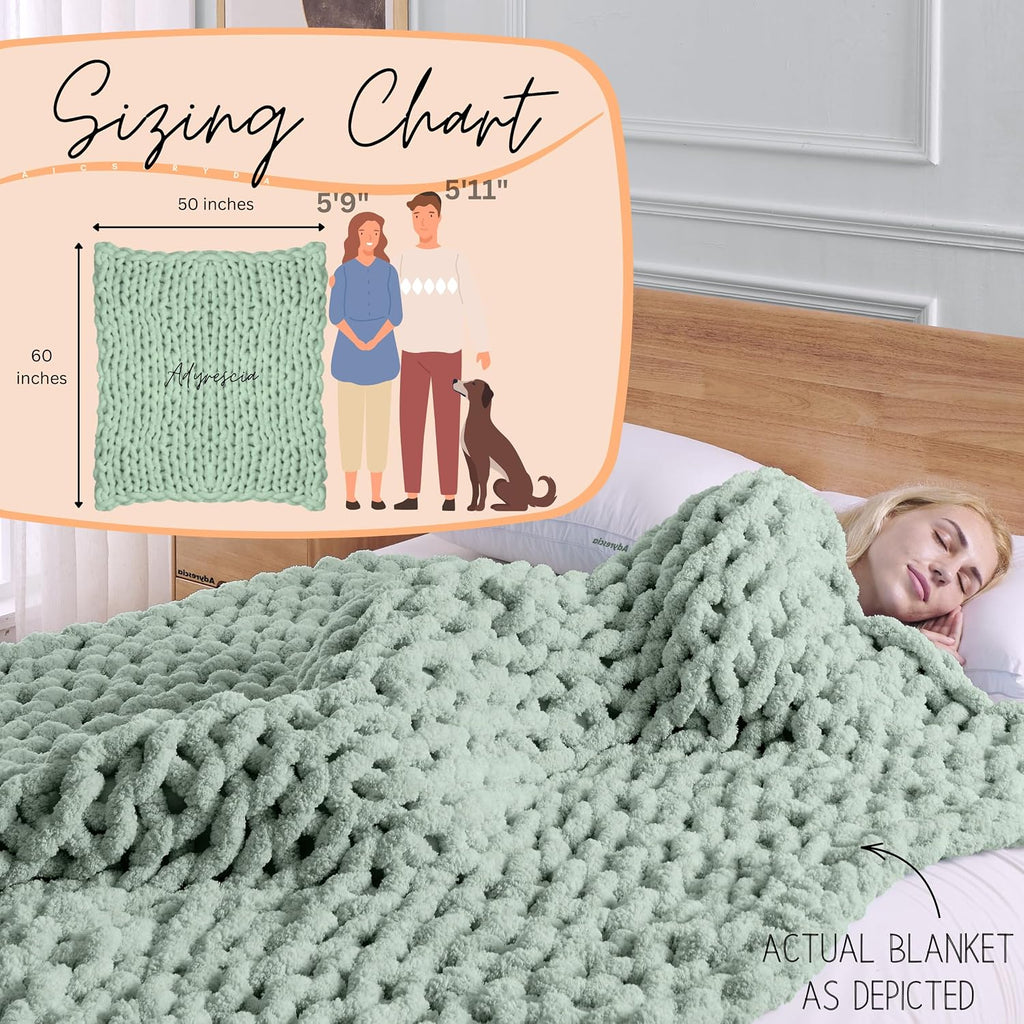 Chunky Knit Blanket Throw | 100% Hand Knit with Jumbo Chenille Yarn (50"x60", Sage Green)