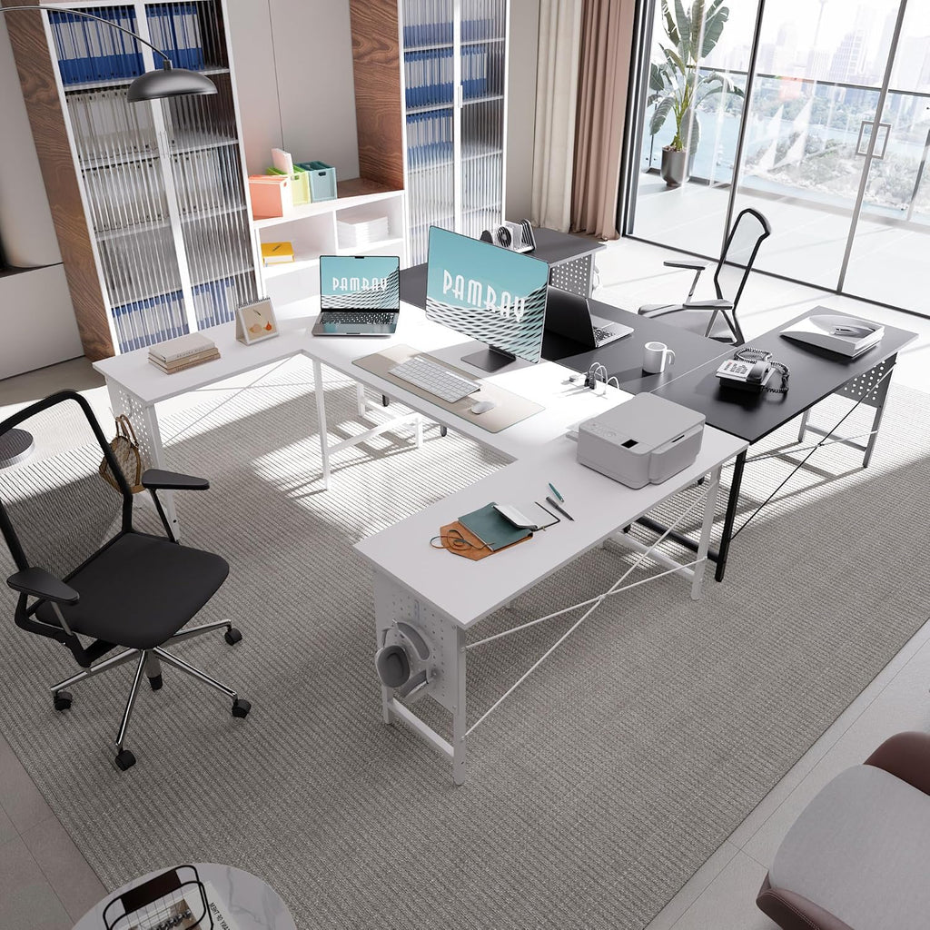 71 Inch Large Computer Desk with Power Outlets,U Shaped Corner Desk Work and Gaming Black