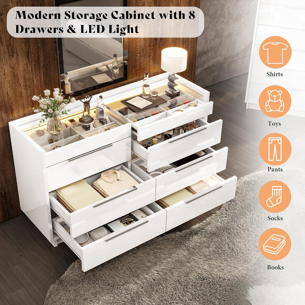 47.2" W 8-Drawer Dresser with Glass Top, High Gloss, White | Wide Dresser, 2 Jewelry Drawers, LED Lighting, Spacious