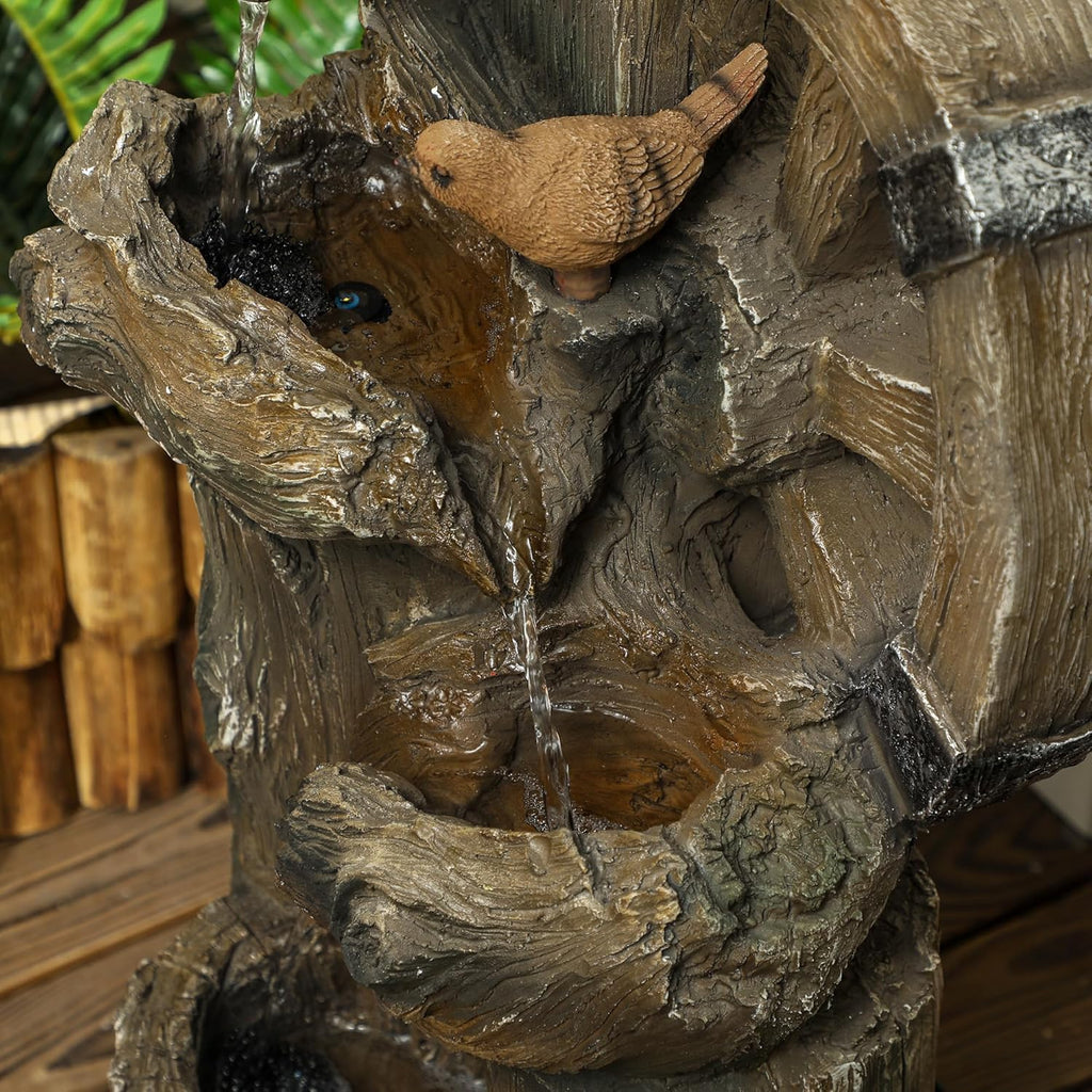 Outdoor Water Fountain, Decorative Garden Birdhouse, 3-Tier Cascading Waterfall with LED Lights and Water Wheel