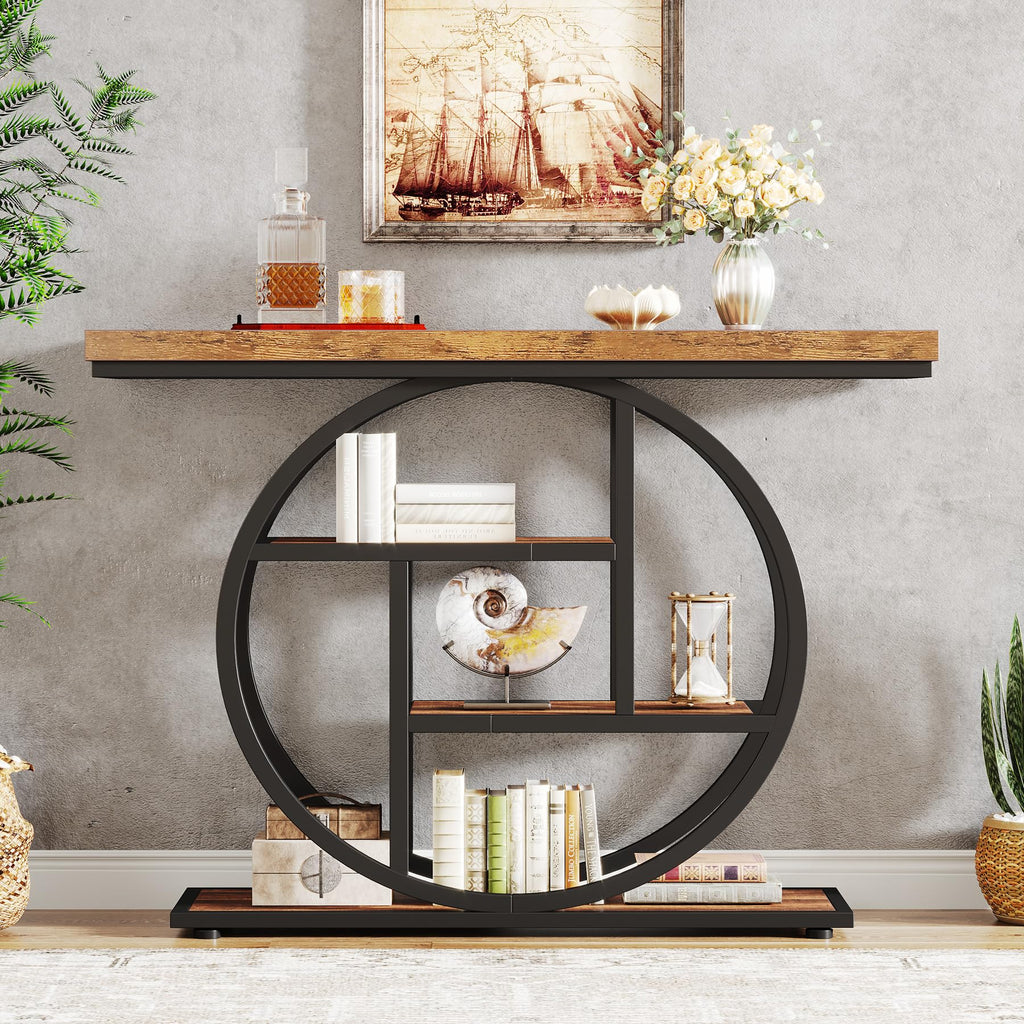 41.3" Console Table, Industrial 4-Tier Sofa Table Entryway Table with Circle Base, Narrow Wood Accent Tables with