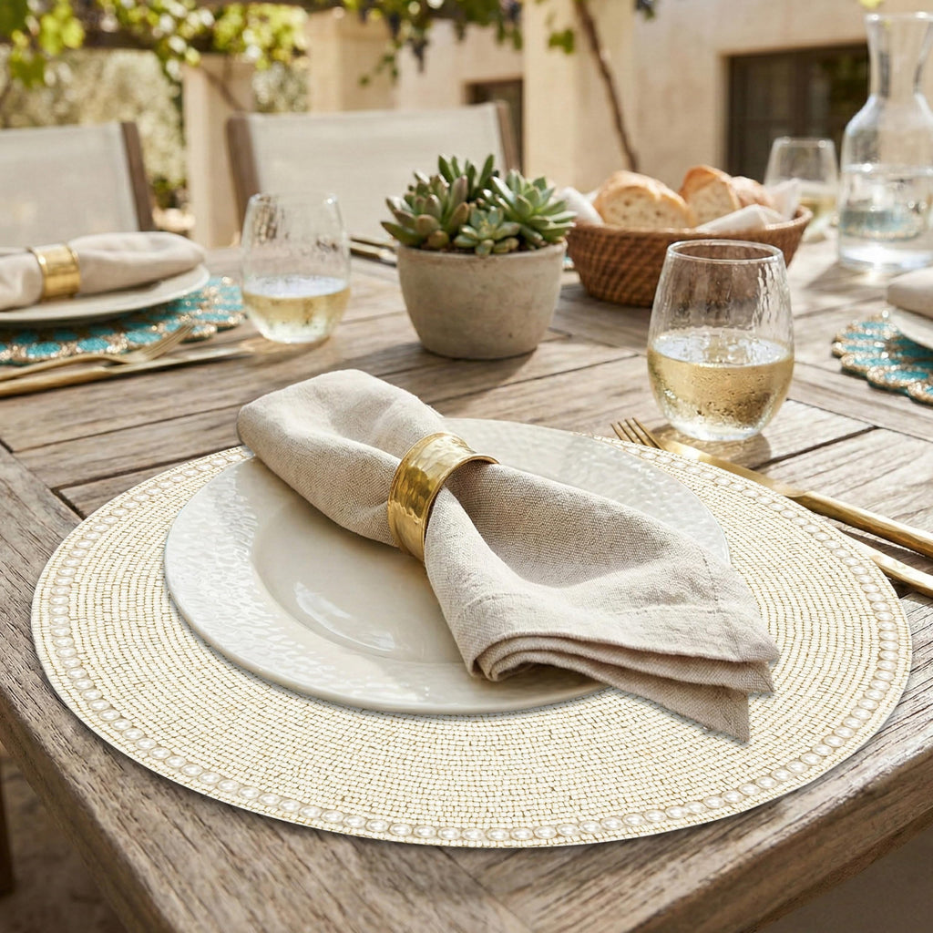 Beaded Placemats Set of 2 Ivory Round Handmade Table Mats