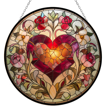 Valentine Heart Stained Glass Window Hanging Window Suncatcher 12" Glass Panel with Metal Chain Sun Catchers Wall Art