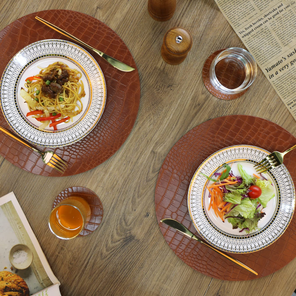 Round Leather Placemats for Round Tables Set of 4, Brown Table Place Mats and Coasters, Washable Easy to Care for