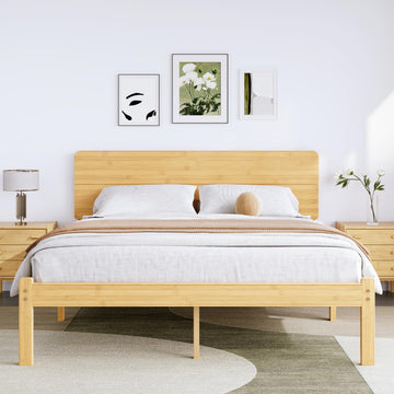 18" Bamboo Wood Platform King Size Bed Frame with Headboard, Natural