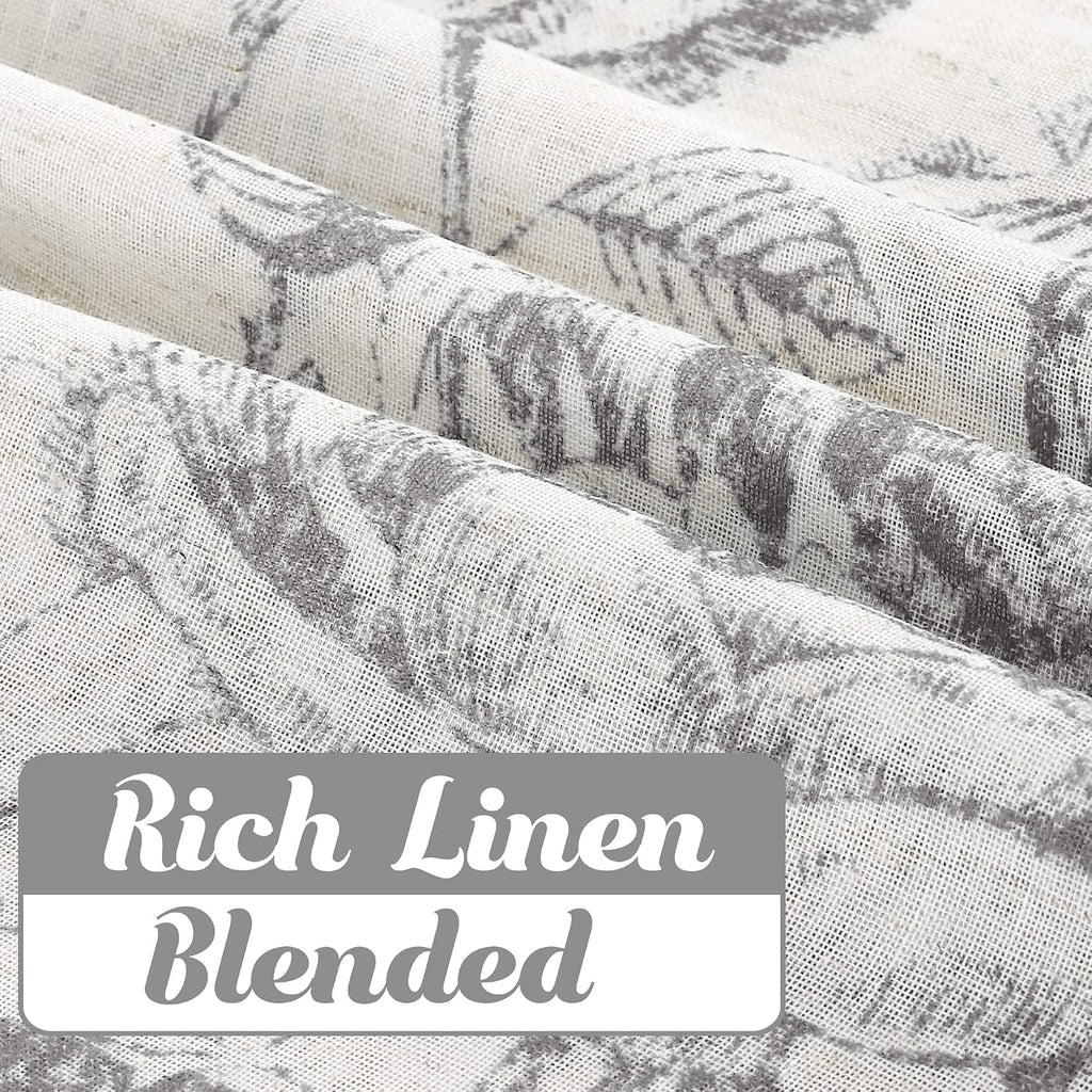 Boho Floral Linen Curtains, Semi Sheer Light Filtering Curtains, Drapes 84 Inch Length 2 Panels Set, Grommet Top