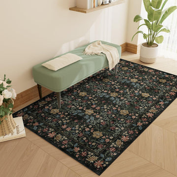 3x5 Rug, Washable Vintage Floral Bedroom Area Rug Non Slip, Black