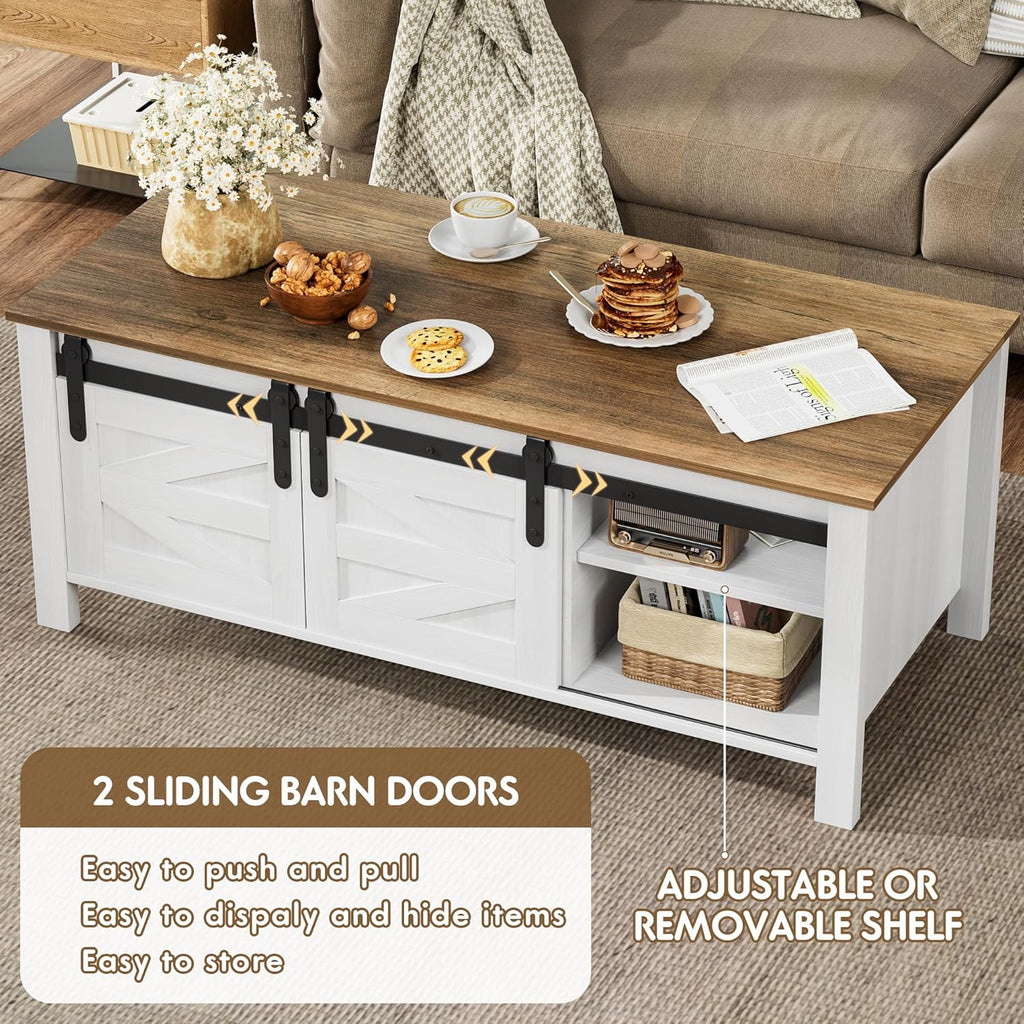 Farmhouse Coffee Table with Storage & Sliding Barn Doors, Modern Rustic Living Room Table with Adjustable Shelves