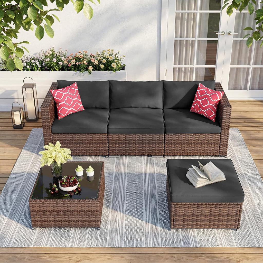 5-Piece Patio Furniture Set, Outdoor Couch, PE Rattan, Black | Patio Sectional Sofa with Plush Cushions and Glass