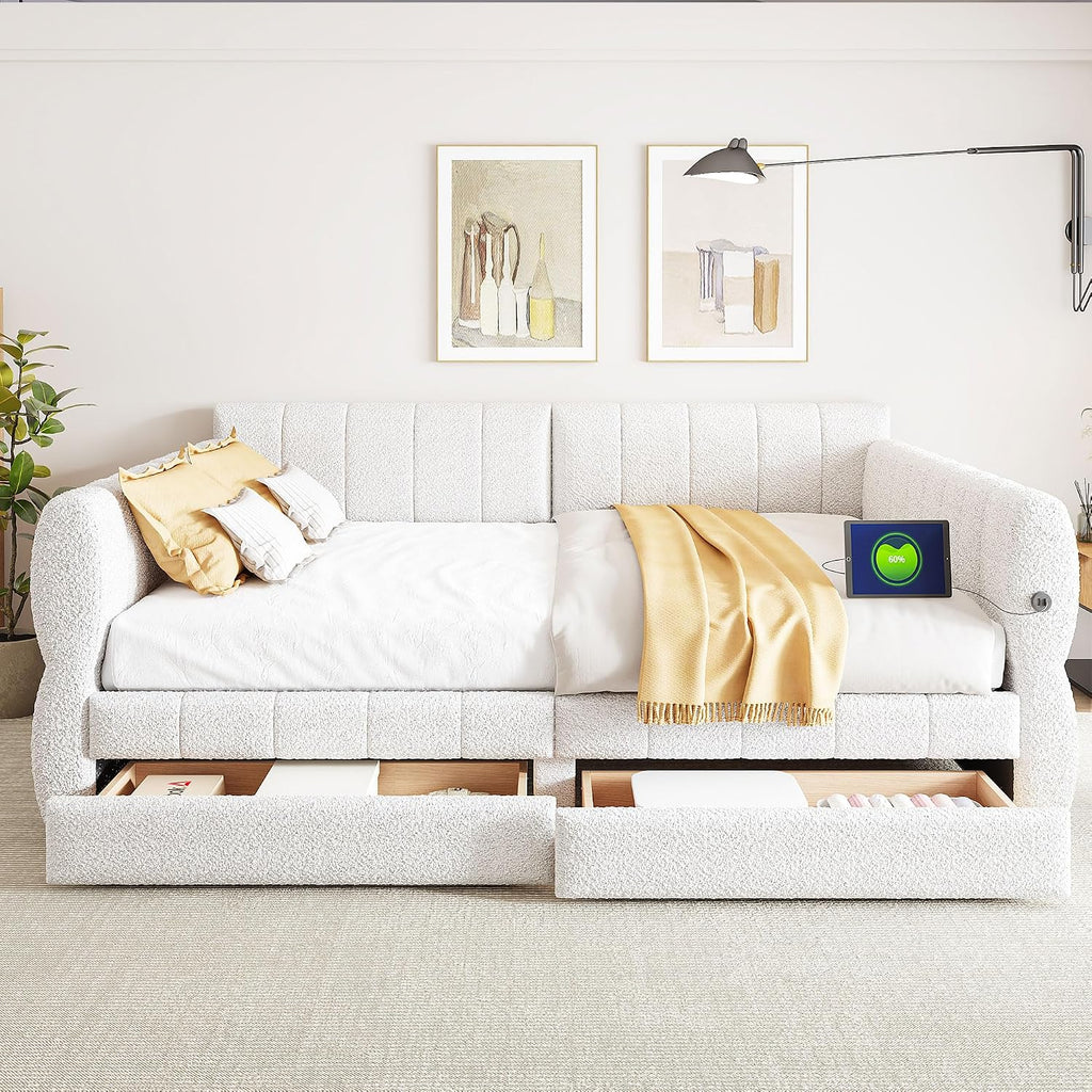 Queen daybed with USB, Queen Corner Bed with Two Drawers, Upholstered Bed Frame for Kids,Teens,Adults, Lambswool