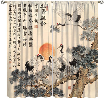 Asian Curtains, Vintage Japanese Ink and Landscape Crane Traditional Cherry Blossom Flower Sun Decor Window