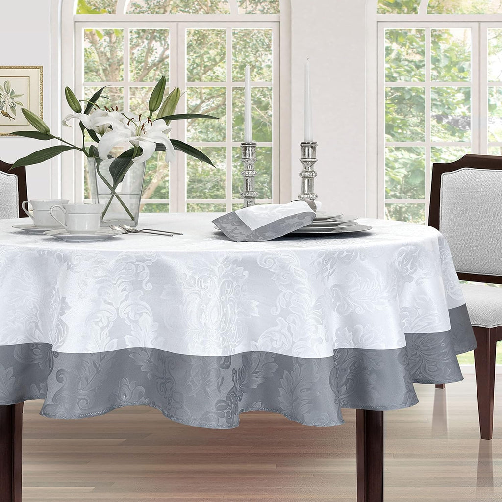 Valencia Two Tone Bordered Damask Fabric Tablecloth, Wrinkle and Stain Resistant Dining Room, Party 