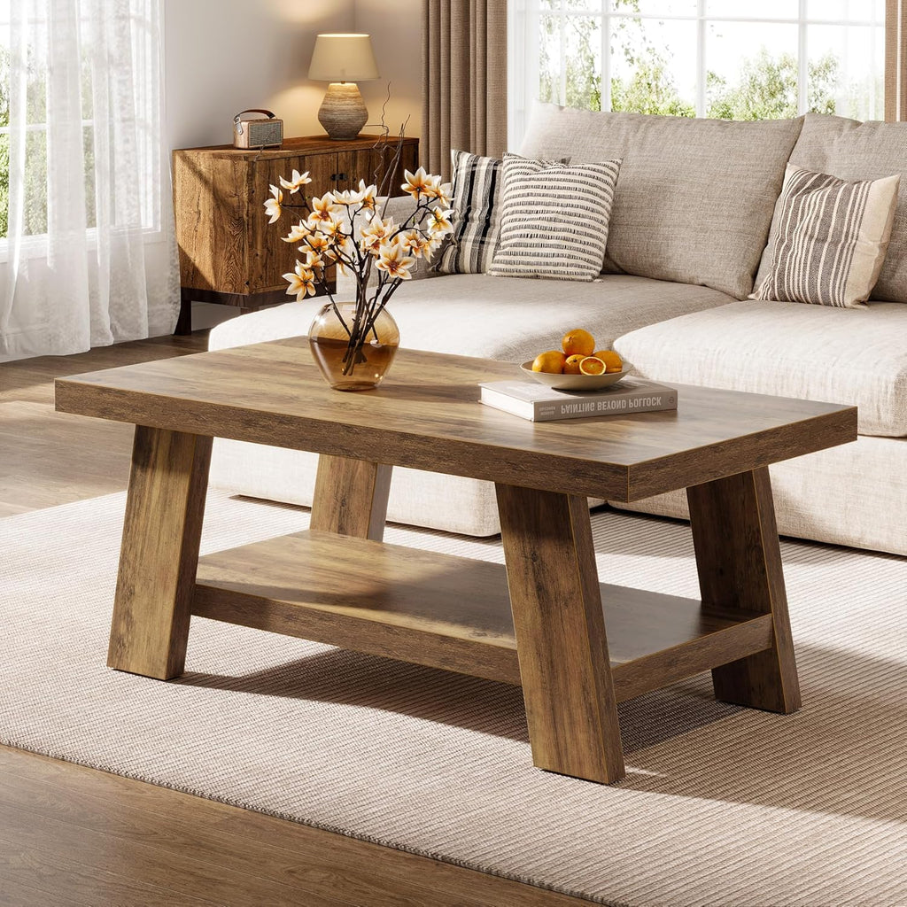 Farmhouse Coffee Tables, 47.24" Rectangle Coffee Tables with Storage Shelves, Rustic Wooden Center Table...