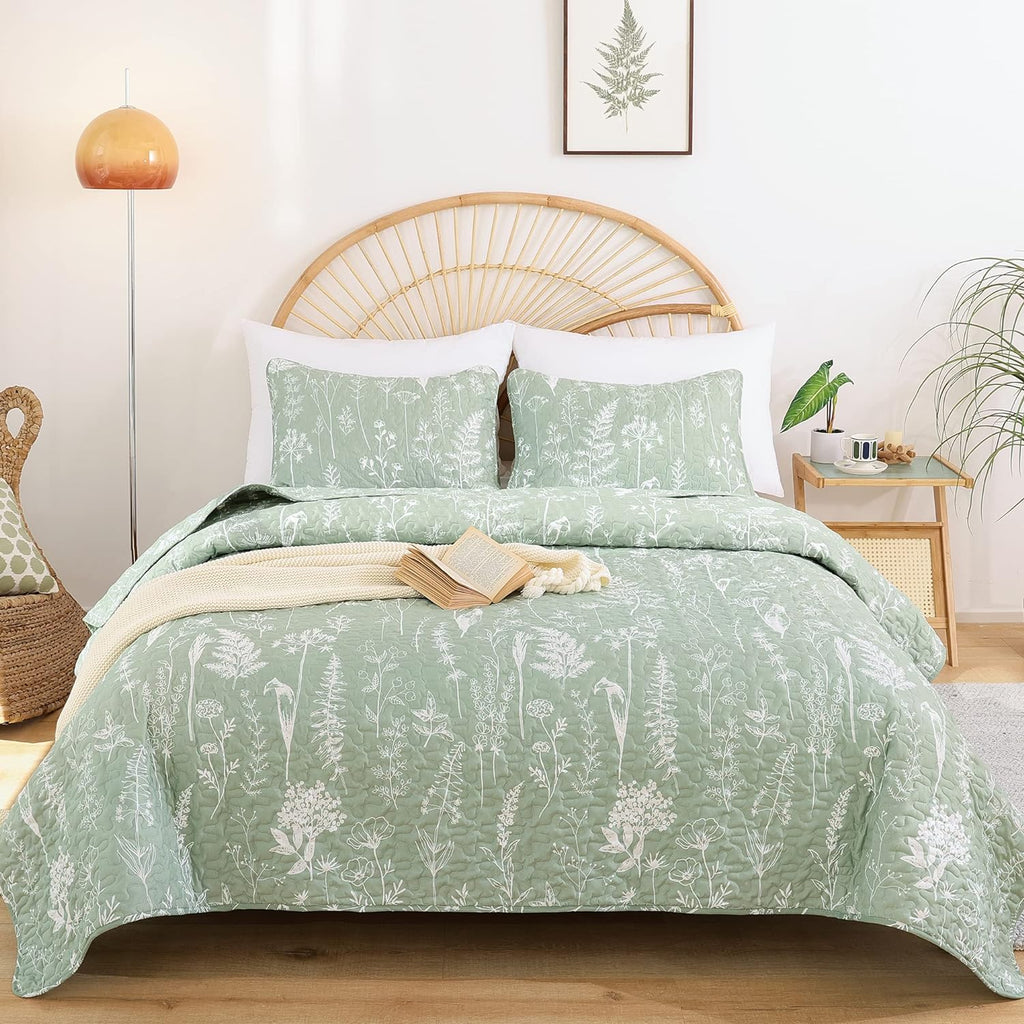 Quilts Sage Green Quilt Botanical with Floral Pattern Microfiber Bedspreads 3 Pieces Lightweight