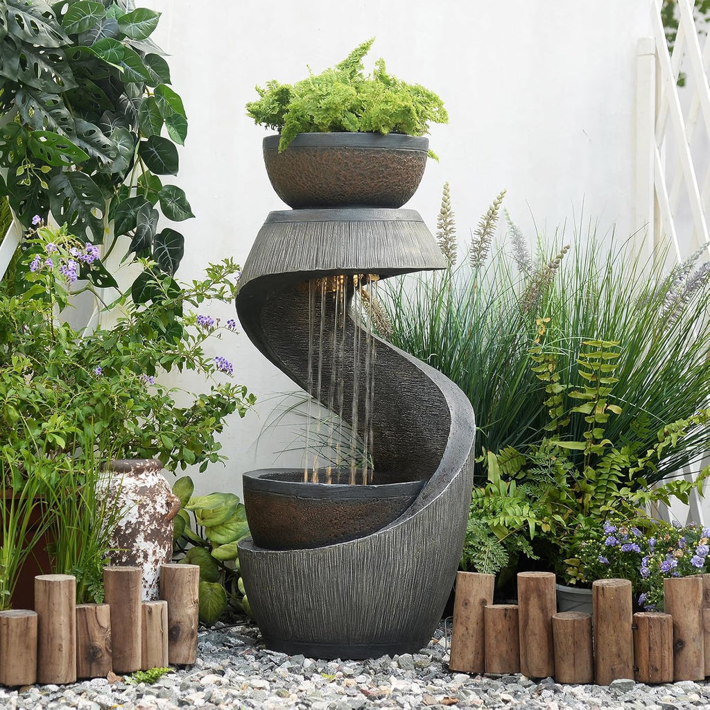 31.9" S-Shaped Water Outdoor Fountain - Modern Cascading Waterfall Feature with LED Lights & Planter Bowl