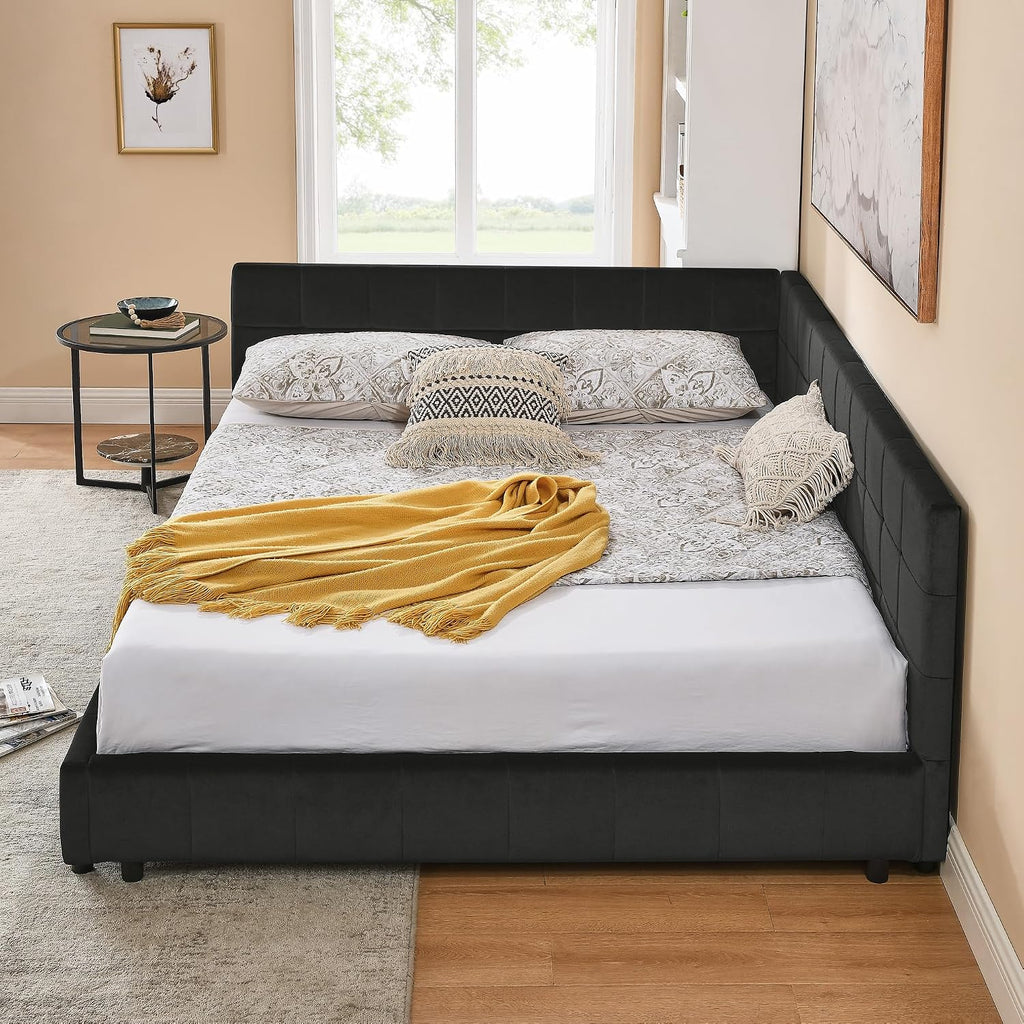 Queen Size Daybed, Velevet Upholstered Day Bed Frame with Tufted Backrest and Armrests,Solid Wood Slat Support,No Box